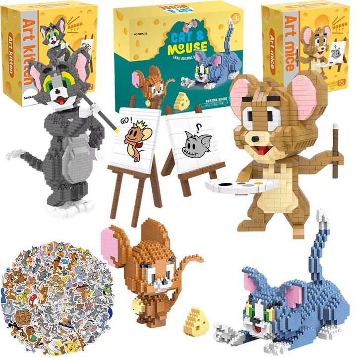 Set de blocuri de constructie Tom & Jerry, 3153 piese, 4 figurine, autocolante decorative, pentru copii 3+