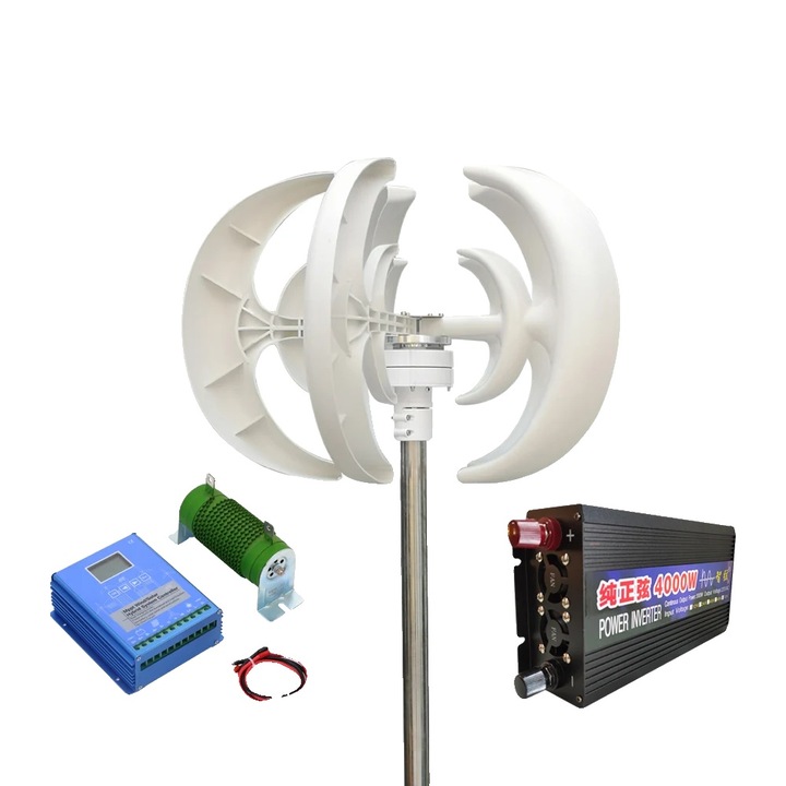 Извънмрежова вятърна система, 3000W, 3 лопатки, включен MPPT контролер, 3 слънчеви панела 100W, литиева батерия 100AH, 12V