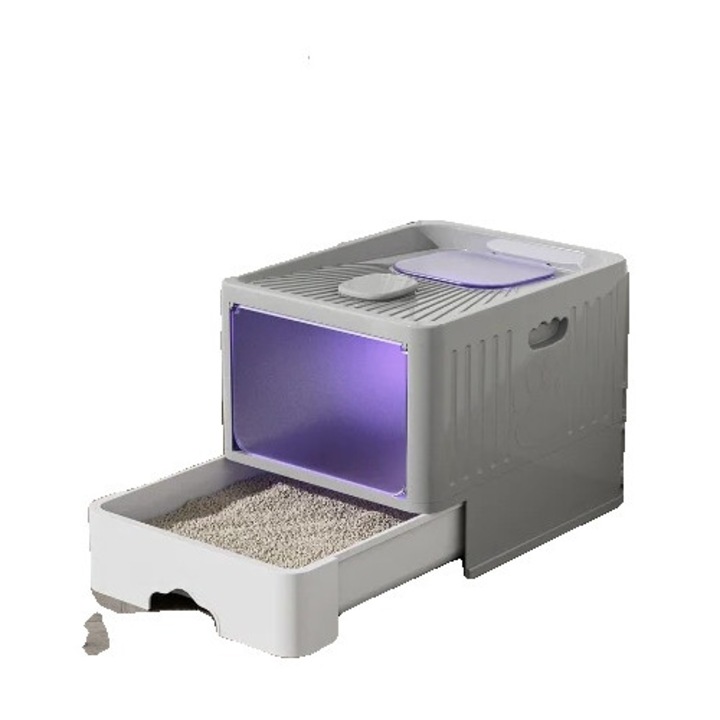 Litiere pentru pisici, design cu sertar glisant, protectie impotriva scurgerilor, gri, 48x37x38cm