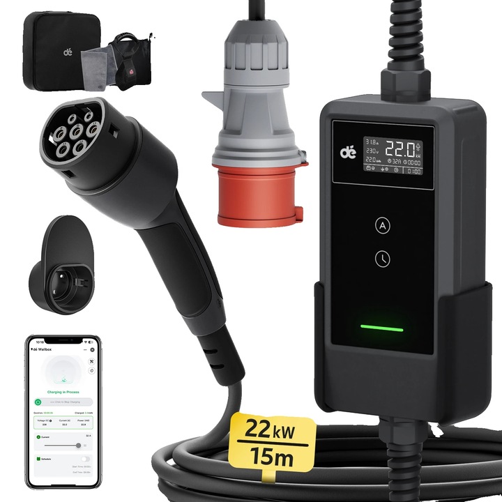 Incarcator portabil pentru vehicule electrice, 22kW, set de baza 15m, Type2