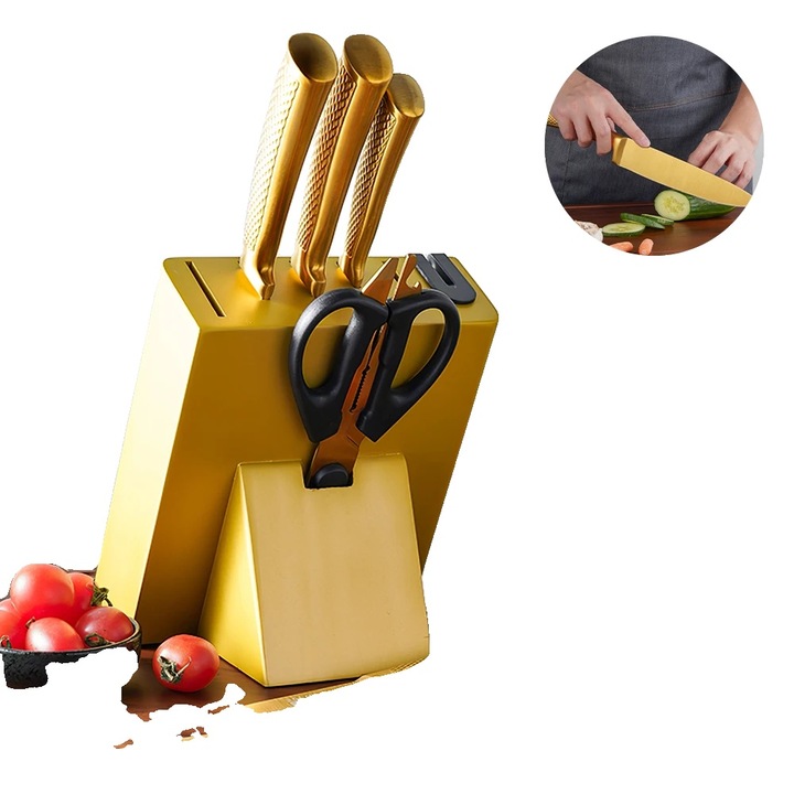 Set de cutite de bucatarie, titan-acoperit, cu honer integrat, aurie, 18x13.5cm