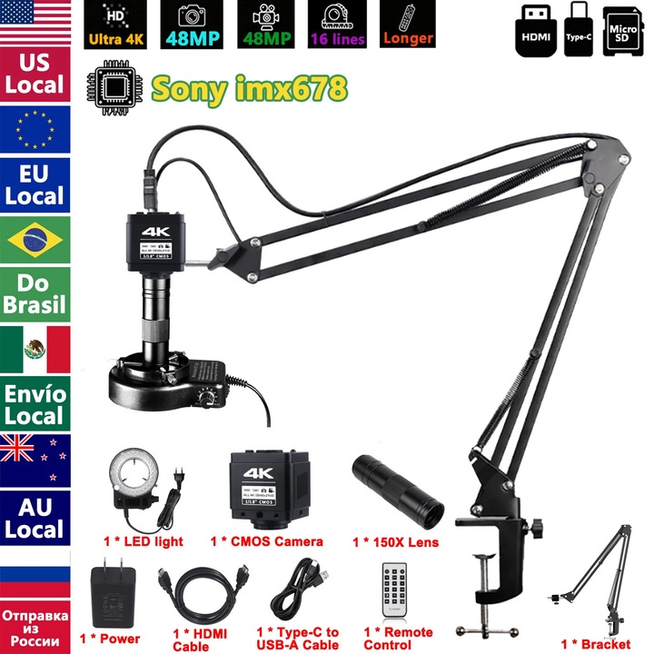 Digitális mikroszkóp, 48MP, HDMI és VGA, 1-150x, 66x66x49mm