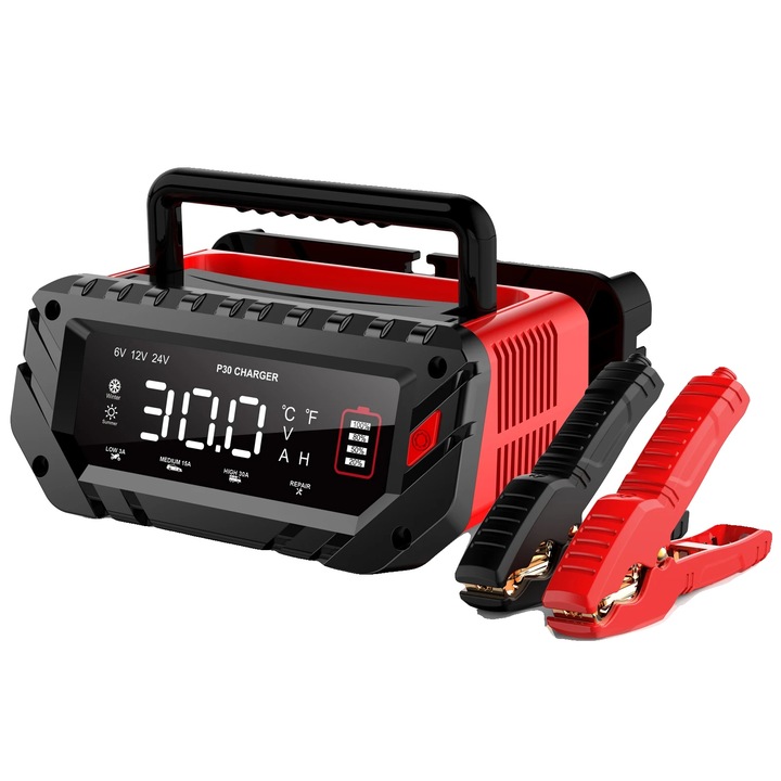 Redresor auto, 30A-6V 12V 24V, tehnologie inteligenta, compatibilitate versatila, conector EU