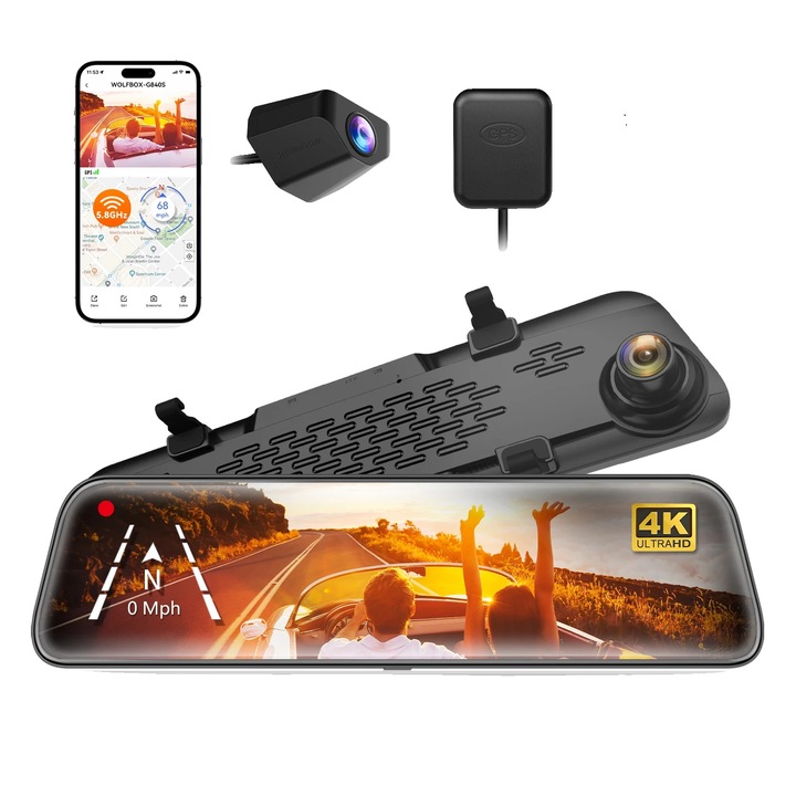 Camera auto DVR, 4K, 2 camere, unghi de vizualizare 170°, ecran tactil 12 inch, 32G TF inclus