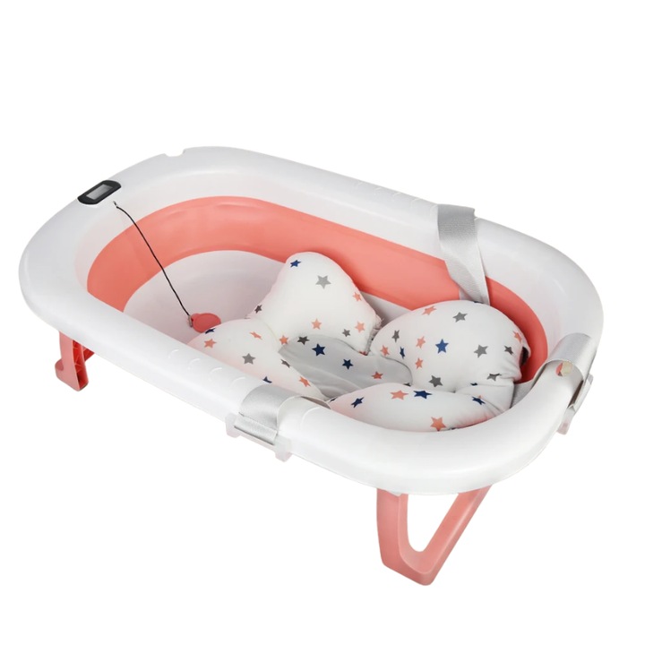 Cada pentru bebelusi, design portabil si compact, roz, cu suport pentru baie