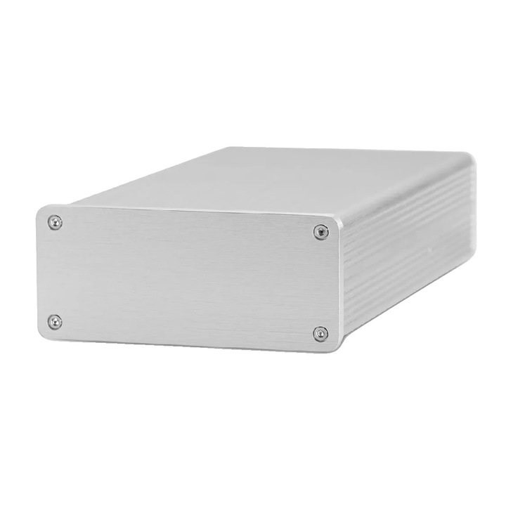 Erősítő ház, külső méretek 92mm x 47mm x 158mm, alumínium, 0.5kg, tartozékok mellékelve: csavarkészlet, tápcsatlakozó