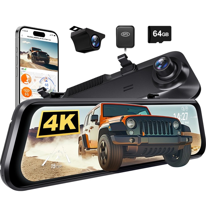 Автомобилна камера 4K, G850 Pro двойна видеорегистратор, предна/задна 4K/1080P, 30 см огледален тъчскрийн, WiFi GPS ADAS, нощно виждане WDR 170°, 64 GB SD карта, без комплект за твърдо окабеляване