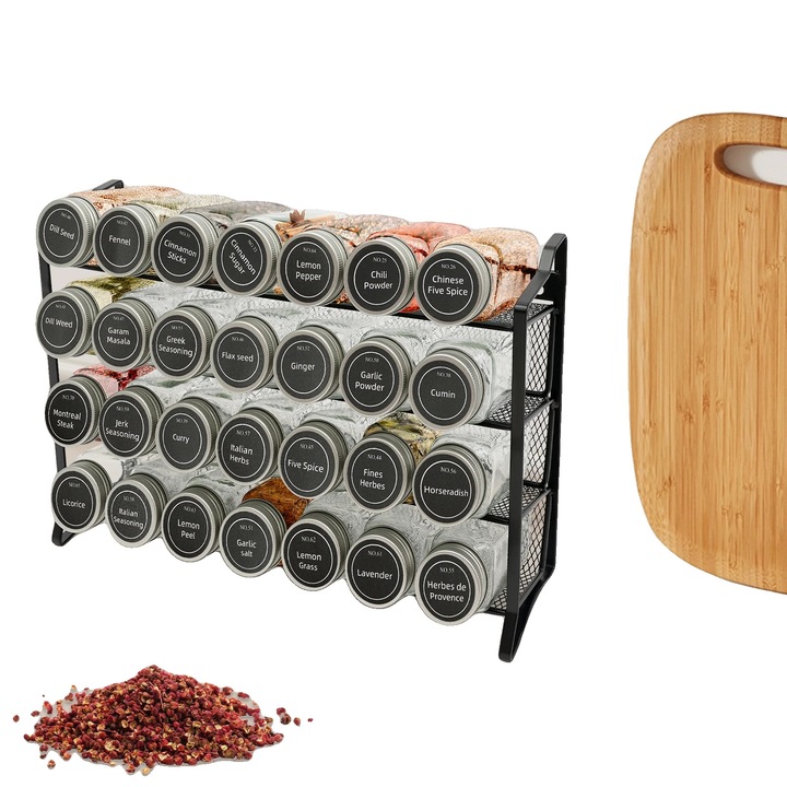 Organizator condimente, 4 etaje, 28 borcane din sticla, metal