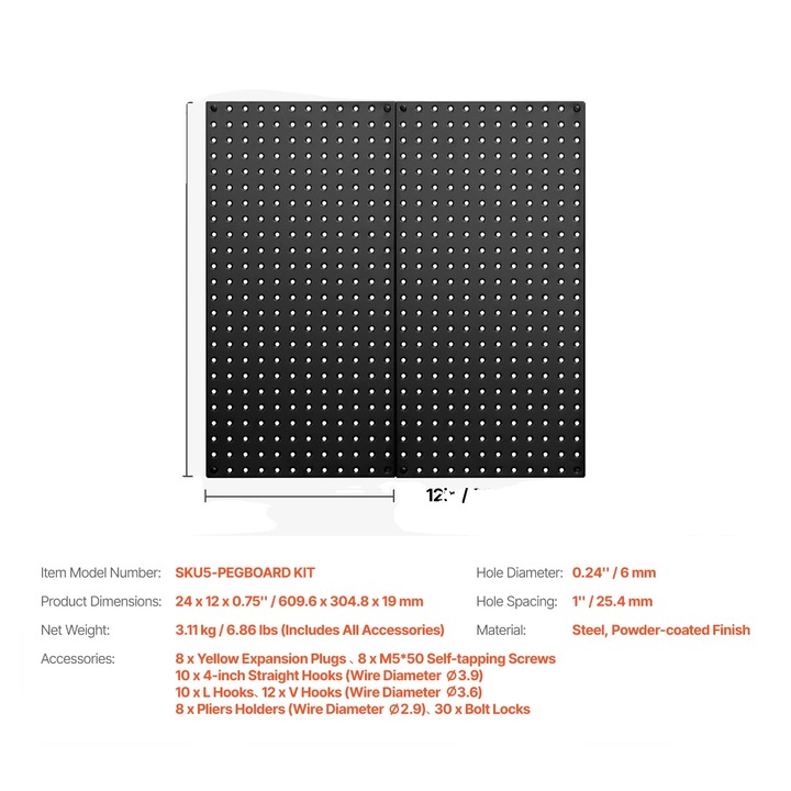 Szerszámrendező panel, fém, nagy kapacitású, 2 darab, 24x12 hüvelyk, rozsdaálló