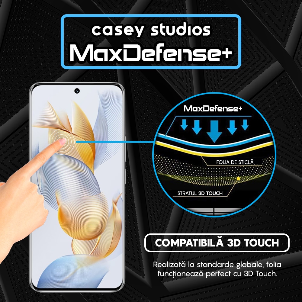 Folie Sticla CASEY STUDIOS™ compatibila cu Honor 90, MaxDefense+, Anti Zgarieturi, Full Glue, Full Cover 3D, Margini Negre