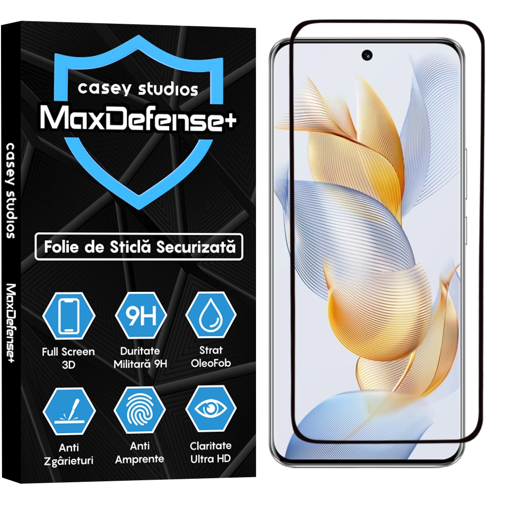 Folie Sticla CASEY STUDIOS™ compatibila cu Honor 90, MaxDefense+, Anti Zgarieturi, Full Glue, Full Cover 3D, Margini Negre