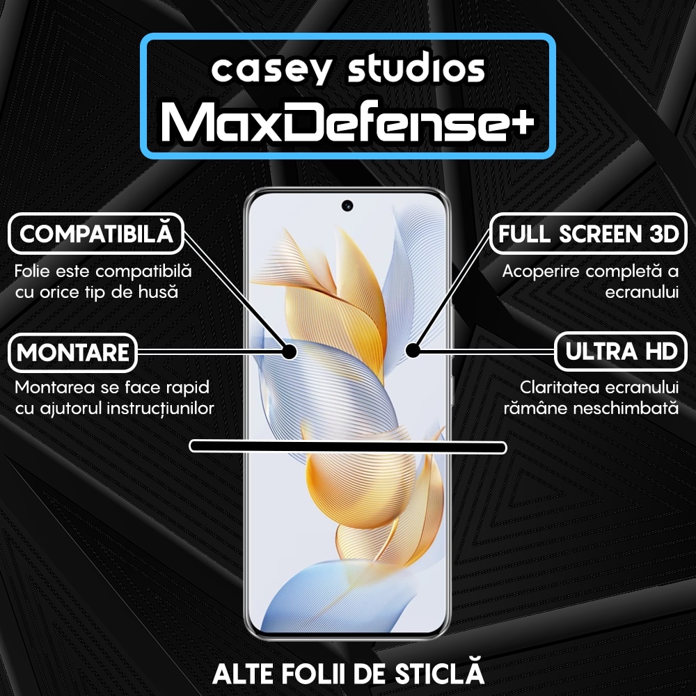 Folie Sticla CASEY STUDIOS™ compatibila cu Honor 90, MaxDefense+, Anti Zgarieturi, Full Glue, Full Cover 3D, Margini Negre