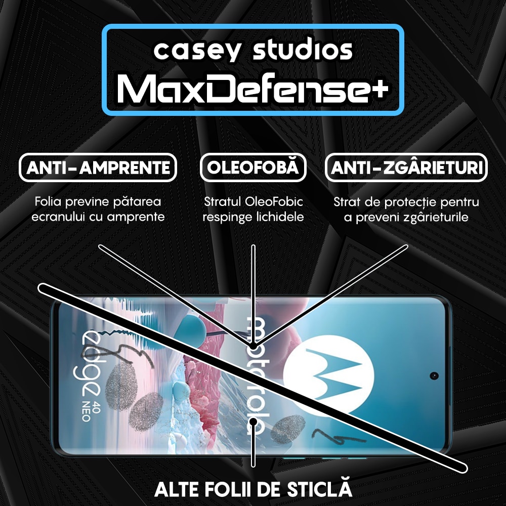 Folie Sticla CASEY STUDIOS™ compatibila cu Motorola Edge 40 / Edge 40 Neo, MaxDefense+, Anti Zgarieturi, Full Glue, Margini Negre