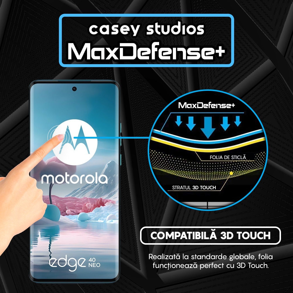 Folie Sticla CASEY STUDIOS™ compatibila cu Motorola Edge 40 / Edge 40 Neo, MaxDefense+, Anti Zgarieturi, Full Glue, Margini Negre