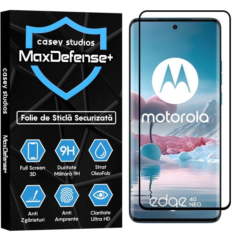 Folie Sticla CASEY STUDIOS™ compatibila cu Motorola Edge 40 / Edge 40 Neo, MaxDefense+, Anti Zgarieturi, Full Glue, Margini Negre