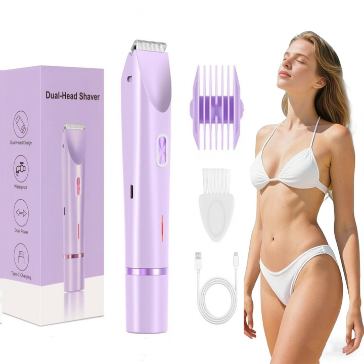 Епилатор 2-в-1 за жени, Esther Beauty®, тример за бикини и интимна зона с подвижна глава, зареждане Type-C, водоустойчив - за подмишници, крака, ръце и лице (Виолетов)
