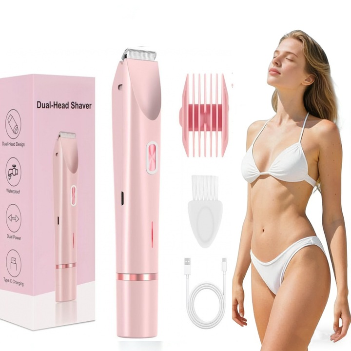 Епилатор 2-в-1 за жени, Esther Beauty®, тример за бикини и интимна зона с подвижна глава, Type-C зареждане, водоустойчив - за подмишници, крака, ръце и лице (Розов)