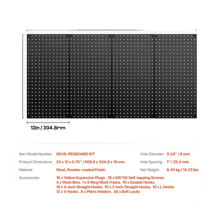 Szerszámrendező panel, fém, nagy kapacitású, 4 db-os készlet, 24x12 hüvelyk, rozsdaálló