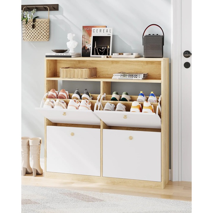 Cipősszekrény, kompakt design, állítható kapacitás, fehér/natúr