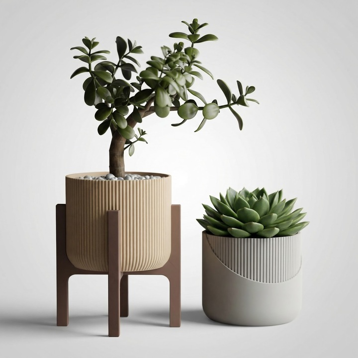 Ghiveci cu Suport Elegant Striat, Bej, Plastic PLA, 15 cm