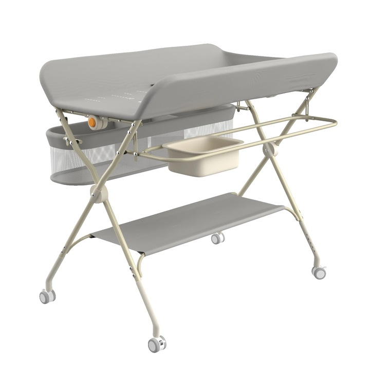 Masa de infasat, inaltime ajustabila, compartimente de depozitare, gri, dimensiuni compacte