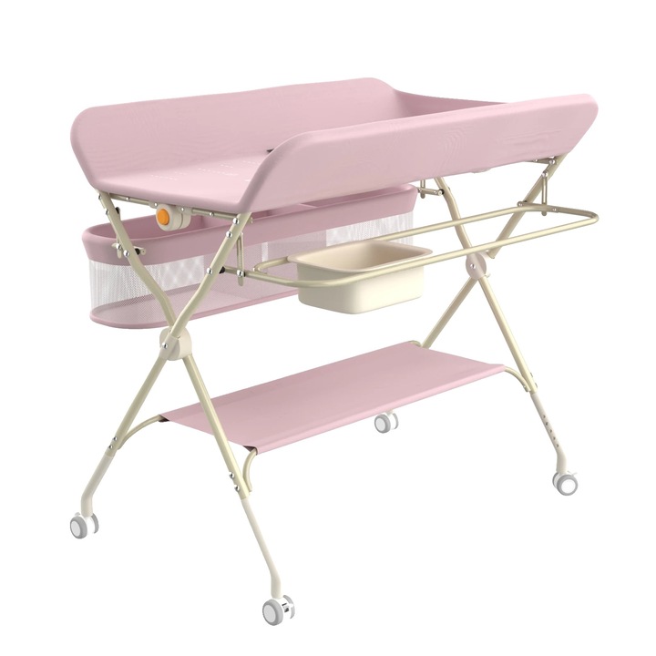 Masa de infasat, inaltime ajustabila, compartimente de depozitare, roz