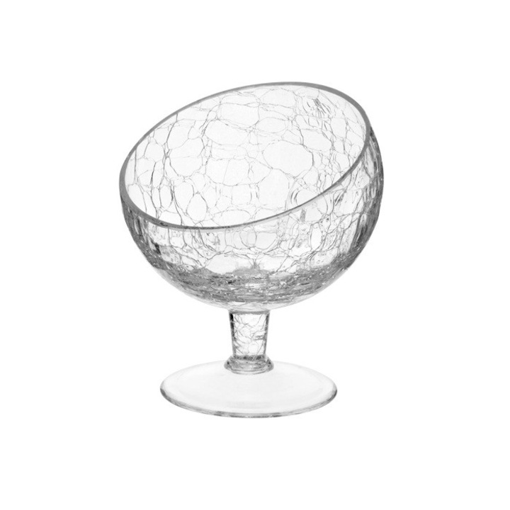 Bol din sticla texturata cu picior, tesita Cracked 12cm