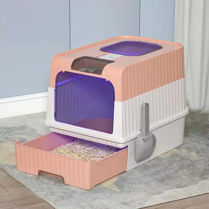Macskaalom, Macska WC, UV sterilizálás, Fedéllel, Szagszabályozás, Kihúzható fiók, Könnyen tisztítható, 48×35×36 cm, Rózsaszín