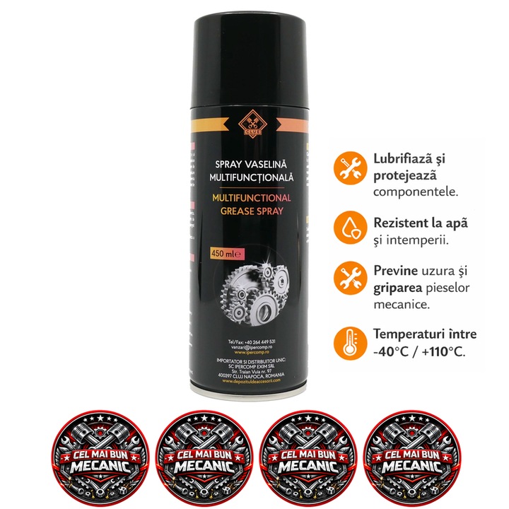 Spray vaselina multifunctionala CLUE, lubrifiant universal pentru piese mecanice, protectie anticoroziune, reduce frictiunea si uzura, rezistent la apa si temperaturi, 450 ml, 4x Stickere