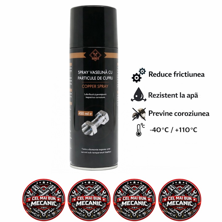 Spray vaselina cu particule de cupru CLUE, lubrifiant anti-gripare, protectie anticoroziune, rezistent temperaturi, 450 ml, 4x Stickere