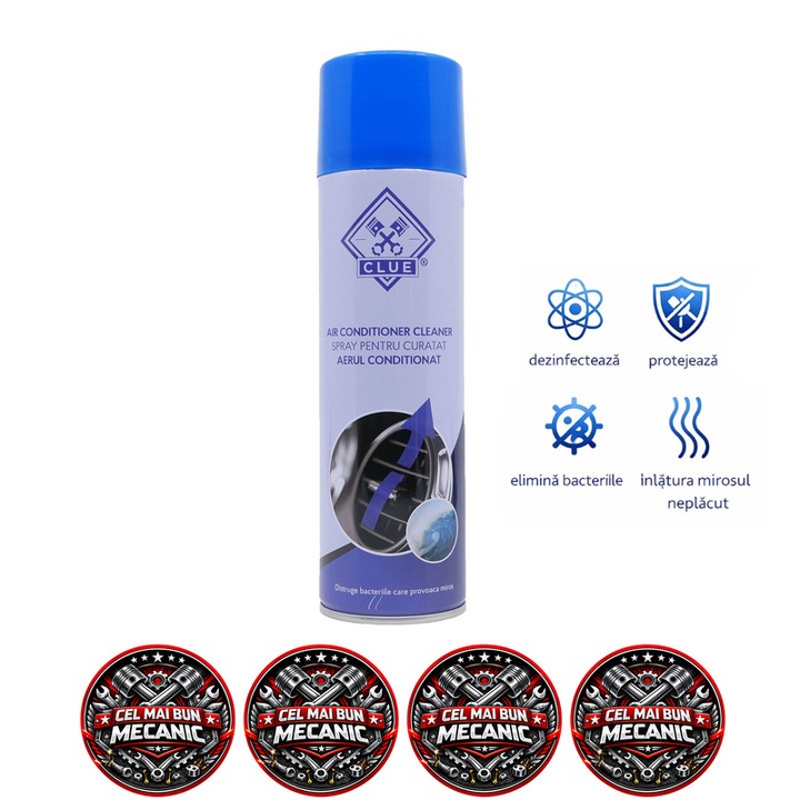 Spray curatare sistem aer conditionat CLUE, solutie antibacteriana pentru eliminarea mirosurilor si igienizarea instalatiei AC auto, curatare rapida si eficienta, 500 ml, 4x Stickere