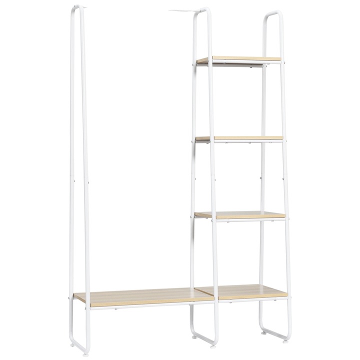 Ruhatartó állvány, 5 tárolópolc, modern előszobai rendszerező, fehér, 101x39x160 cm