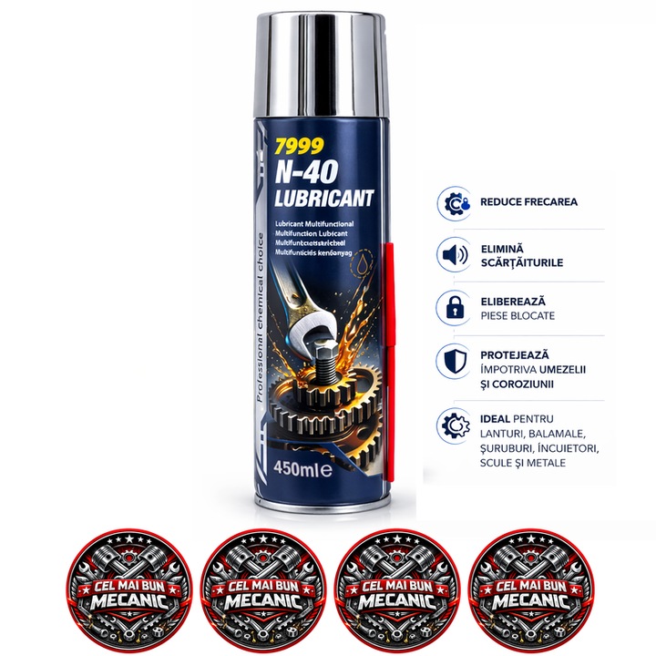 N-40 Lubricant NOXARO, spray lubrifiant multifunctional pentru deblocare si protectie anticoroziune, penetrare rapida si lubrifiere mecanisme, 450 ml, 4x Stickere