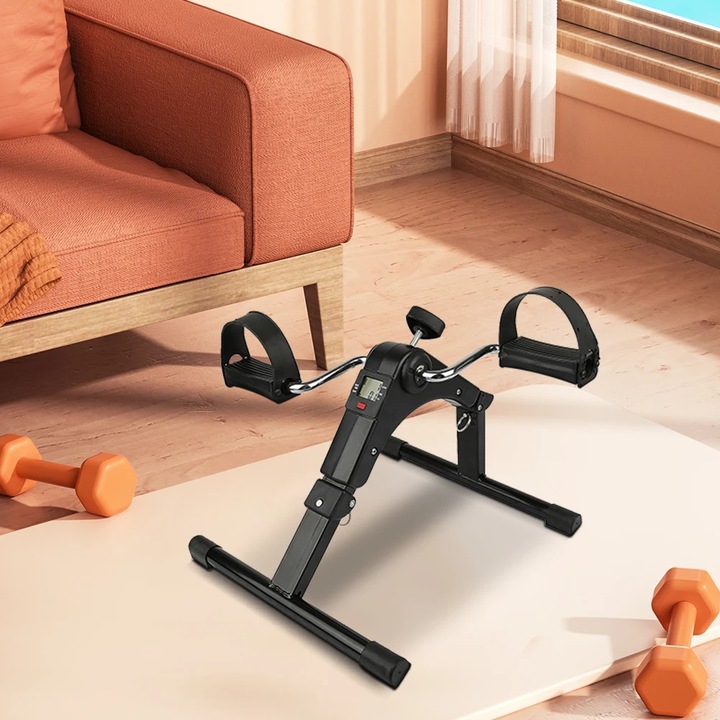 Mini fitnesz kerékpár, Pedálos edző, LCD kijelző, Állítható ellenállás, Kar- és lábedzés, Kompakt és hordozható, Fekete