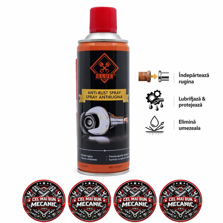 Spray pentru indepartat rugina CLUE, lubrifiant si deblocare mecanisme, protectie anticoroziune, 450 ml, 4x Stickere