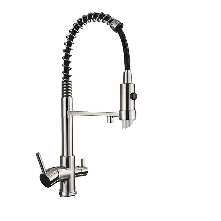 Konyhai csaptelep, szűrt vízzel, kétkaros kivitel, szálcsiszolt nikkel