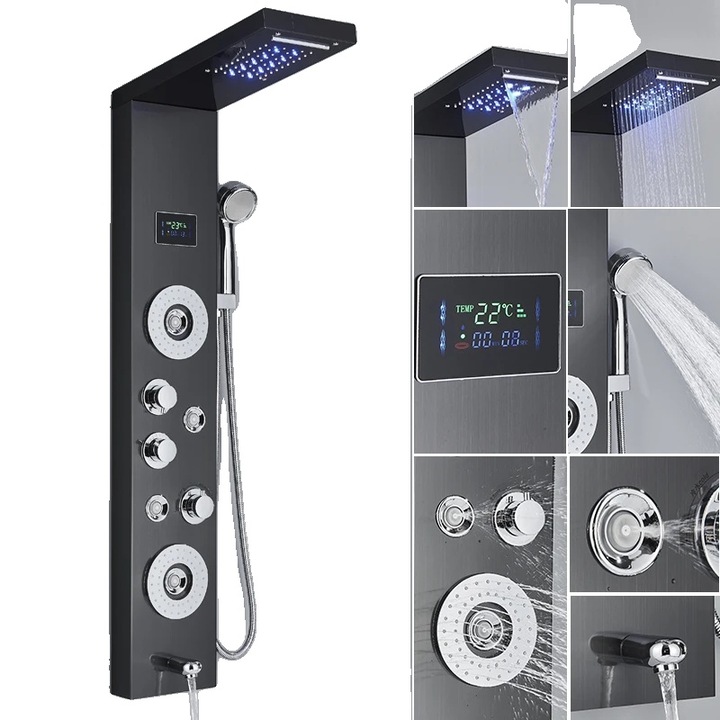 Zuhanypanel, masszázsrendszerrel, digitális kijelzővel, fekete, 3 csaptelep, falra szerelhető