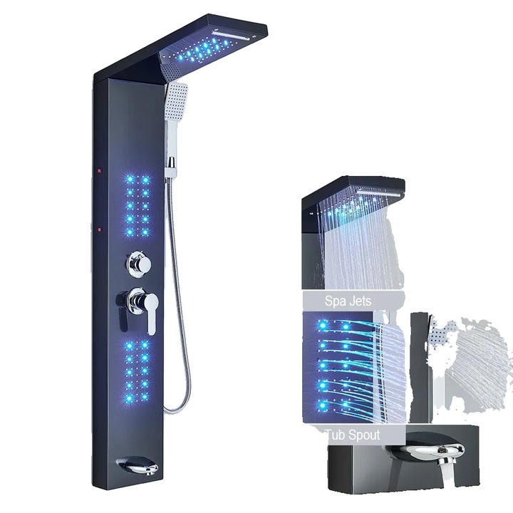 Coloana de dus, sistem cu masaj, display digital, negru, 3 robinete