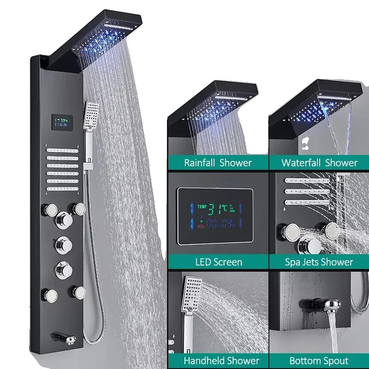 Coloana de dus, sistem modern, cu cap de dus tip ploaie, display digital, negru, 3 robinete