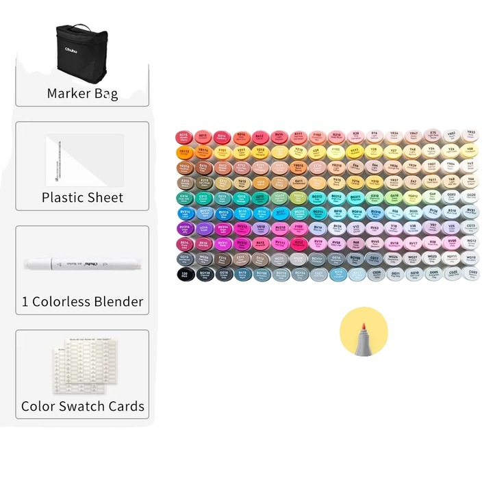 Set markere, Oahu, 160 culori, varf dublu, cerneala reincarcabila, cu blender incolor, geanta de transport