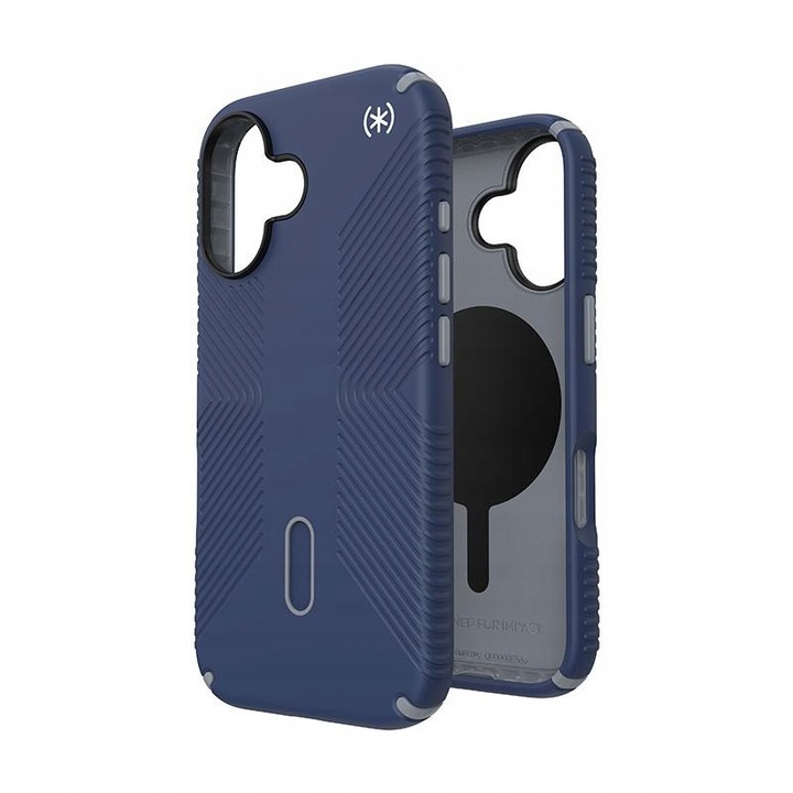 Etui Speck Presidio2 Grip ClickLock pentru iPhone 16, Coastal Blue / Dust Grey / White, protectie antibacteriana, rezistent la caderi de pana la 4m