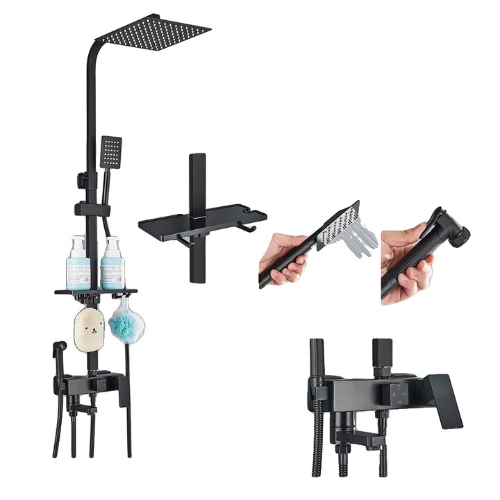 Set baterii sanitare, design multifunctional, montare pe perete, negru, 10 inch