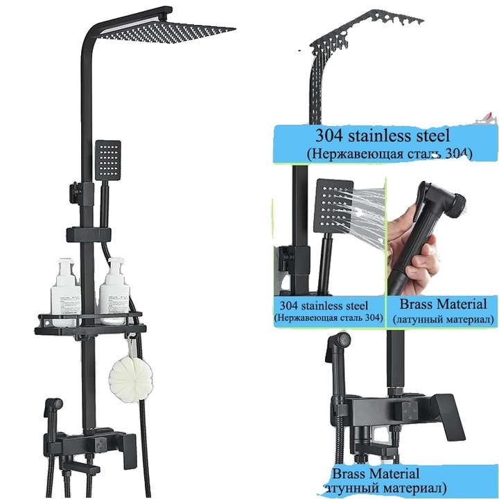 Set robinet pentru dus, design montat pe perete, material durabil, 4 cai, 10 inch, finisaj negru