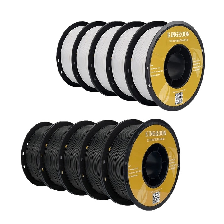 Filament 3D, 10KG, 1.75mm, PLA, set 5 alb, 5 negru