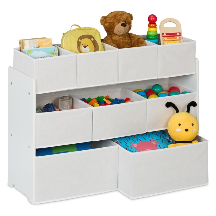 Dulap depozitare jucarii pentru copii Relaxdays, 9 cutii, 60 x 92 x 30 cm, MDF, Alb
