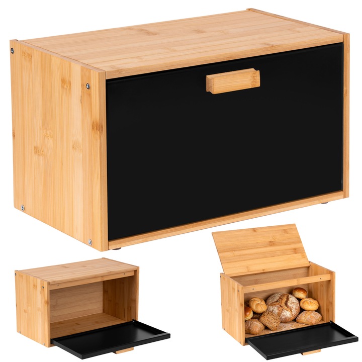 Gockowiak CHARLES bambusz és fém ételtartó doboz, 22x37x20,5cm, matt fekete/natúr, mágneses ajtóval