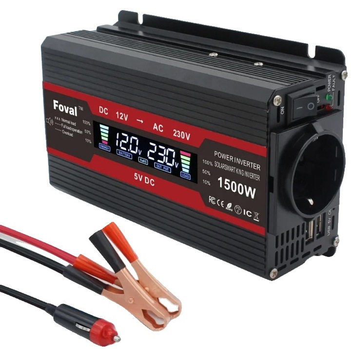 Autó inverter, 12V 220V 1500W, európai csatlakozó, kompakt, nagy hatékonyságú