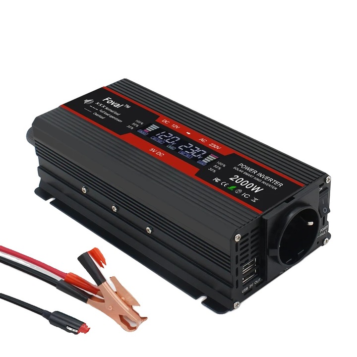 Autós inverter, 12V 220V 2000W, európai csatlakozó, kompakt, nagy hatékonyságú