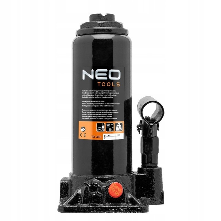 Хидравличен крик тип бутилка NEO TOOLS 10-451, капацитет 3 т, повдигане 195-370 мм, черен, 1 бр