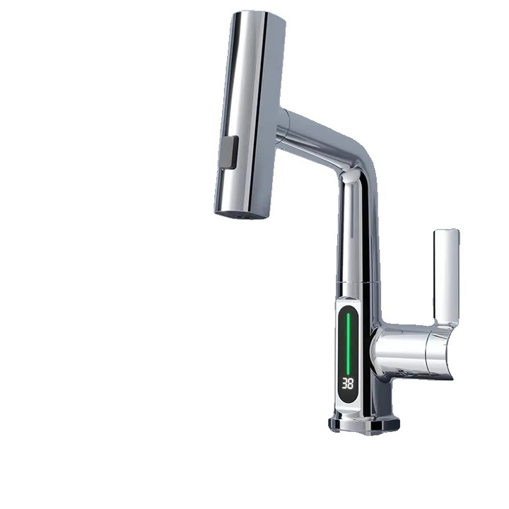 Baterie sanitara cu afisaj digital, constructie din otel inoxidabil, montare pe blatul de lucru, un singur maner, rezistenta la rugina